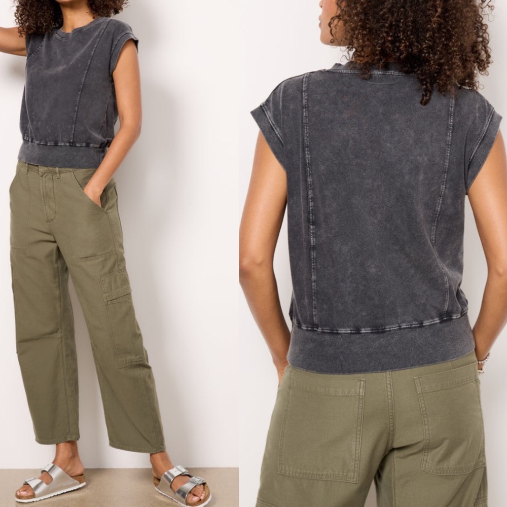 Evereve Washed Charcoal Cropped Cap-Sleeve Sweatshirt